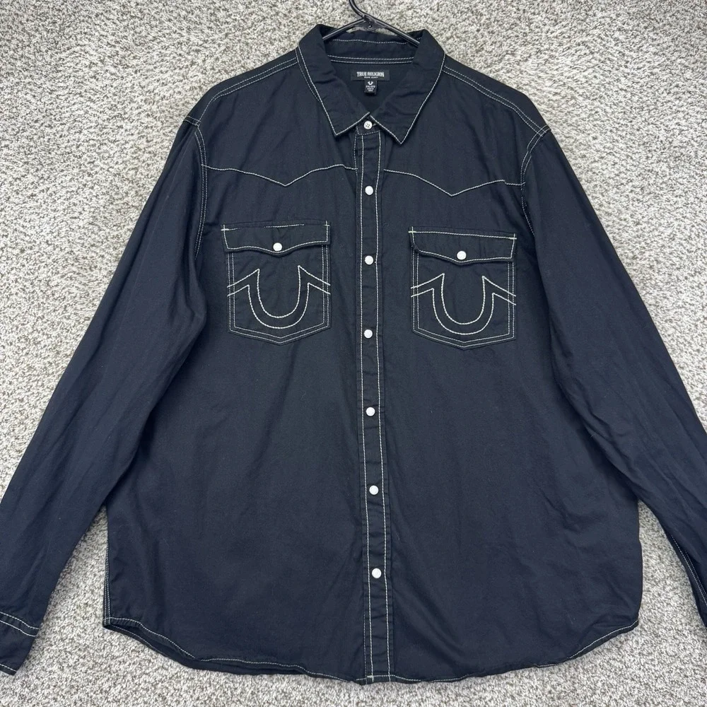True Religion Big T Western Shirt Men's Size 2XL XXL Jet Black Pearl Snap Cowboy